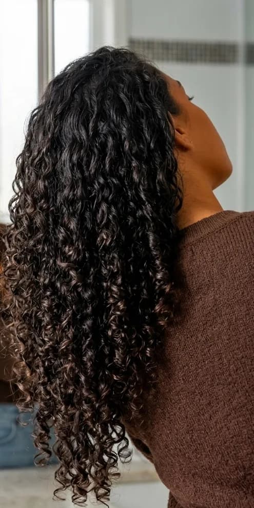 Woman with long, defined curls cascading down her back